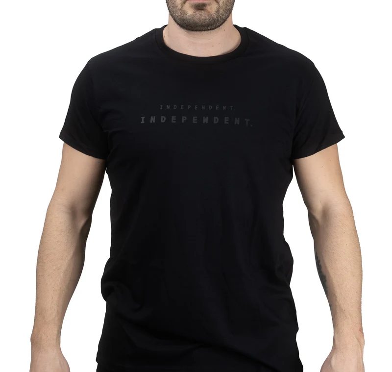 Black T-shirt with "INDEPENDENT" printed on it