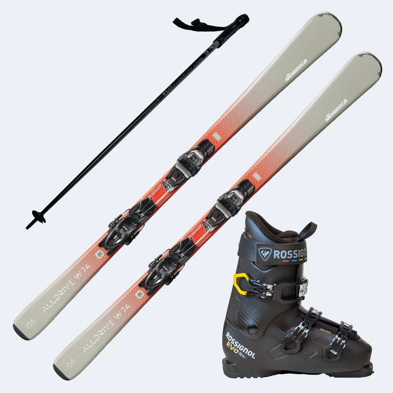 2026 Nordica Alldrive 74 Skis with Rossignol Evo 70 HV+ Boots and Poles