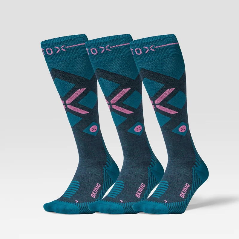Merino Skiing Socks Women 3-Pack | Teal / Pink